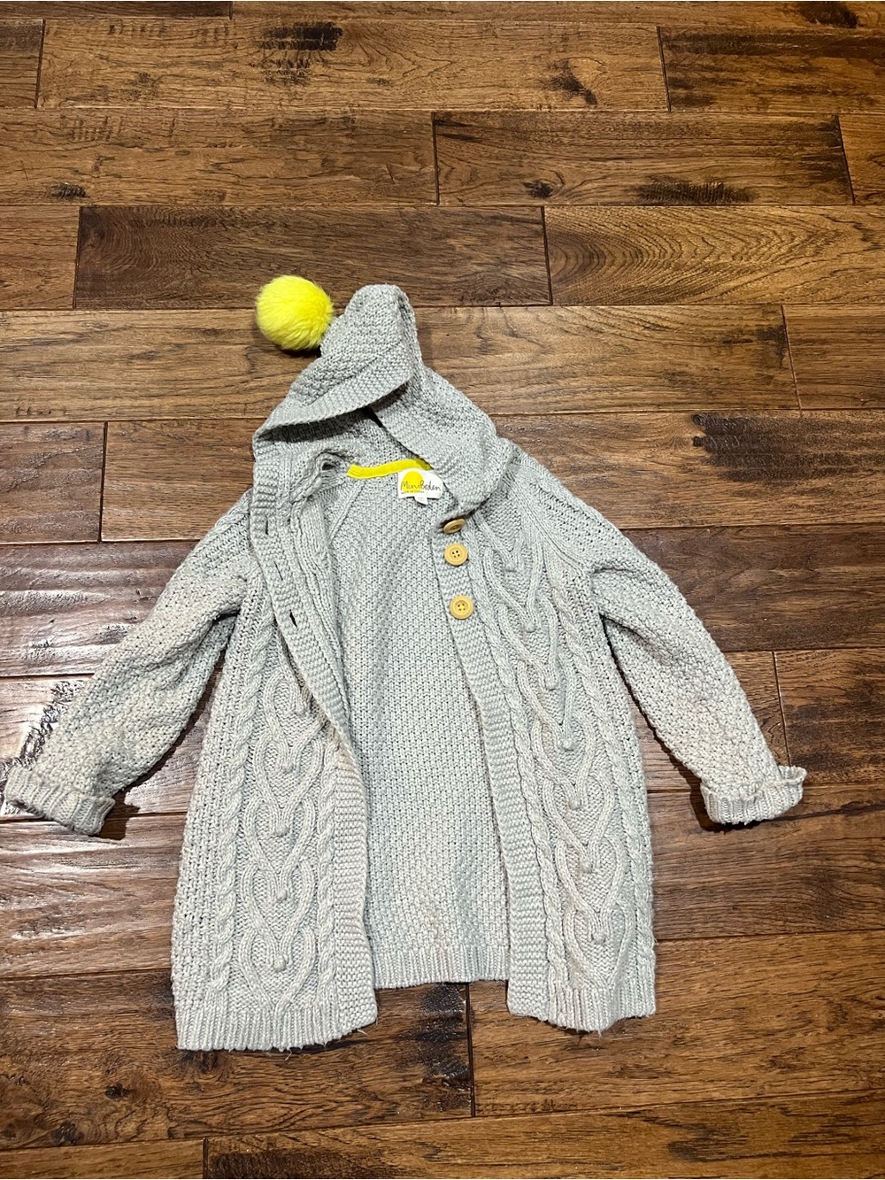 Mini Boden kids 5-6 Light Gray Hooded Cable Knit Cardigan w/Yellow Accents